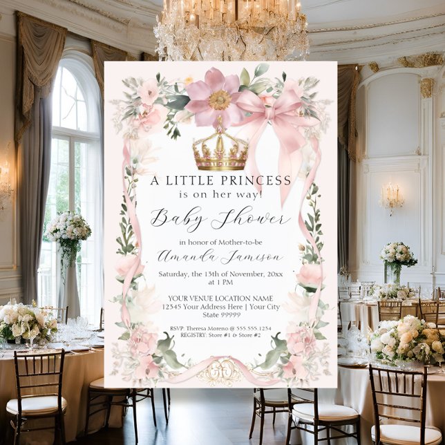 Floral Blush Pink Ribbon Gold Crown Baby Shower Invitation (Creator Uploaded)