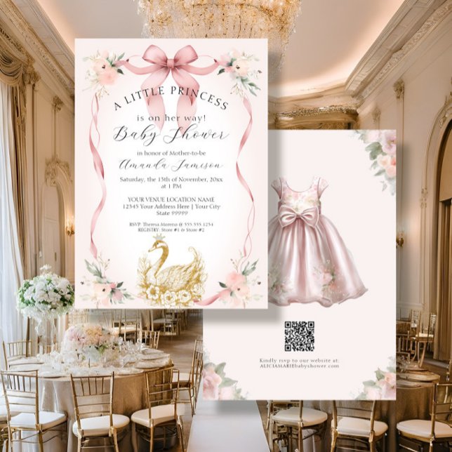 Floral Blush Pink Ribbon Swan Gold Baby Shower Invitation (Creator Uploaded)