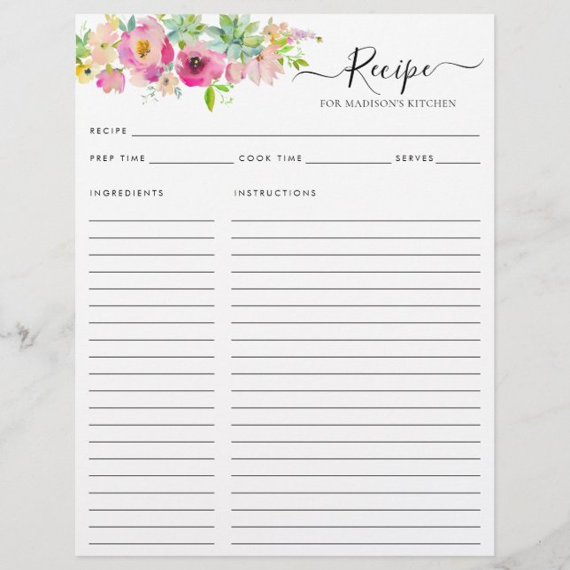 Floral Blush Pink Watercolor Cactus Kitchen Recipe (Front)
