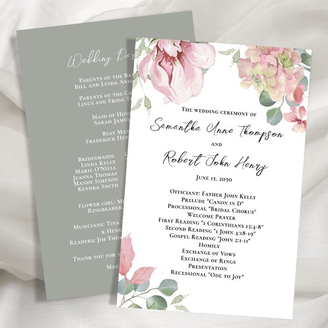Floral Blush Pink Wedding Ceremony Program (Wedding floral ceremony program template. )