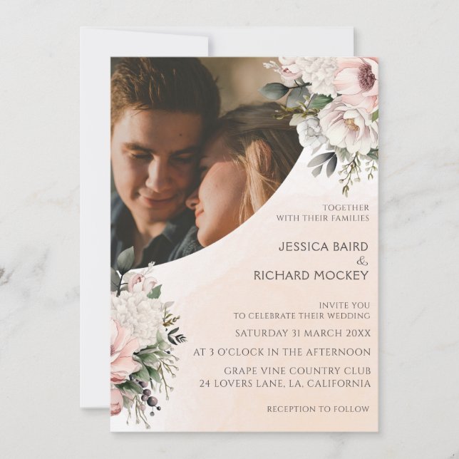 Floral Blush Pink Wedding Photo Invitation (Front)