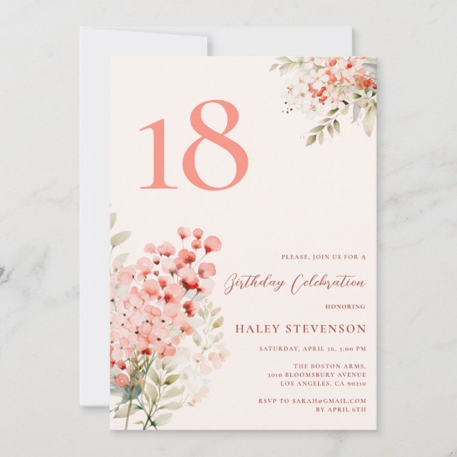 Floral Blush Pink Whimsical 18th Birthday Invitation (Front)