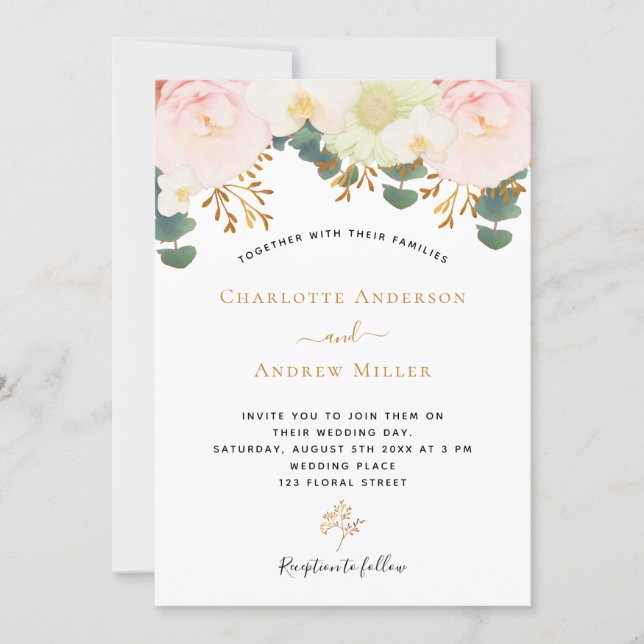 Floral blush pink white greenery wedding invitation (Front)