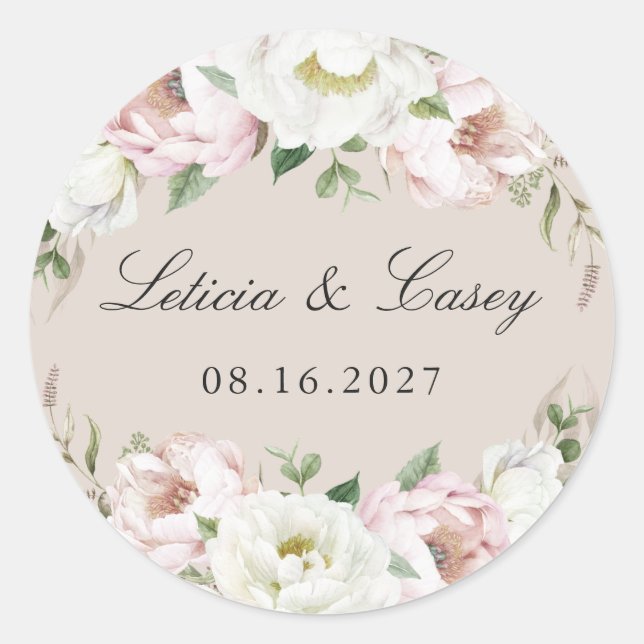 Floral Blush Pink White Peony Beige Wedding Classic Round Sticker (Front)