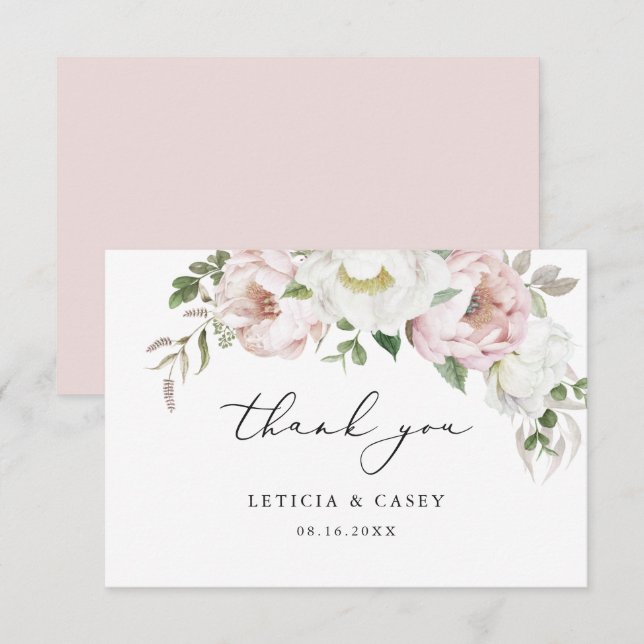 Floral Blush Pink White Peony Romantic Thank You Card (Front/Back)