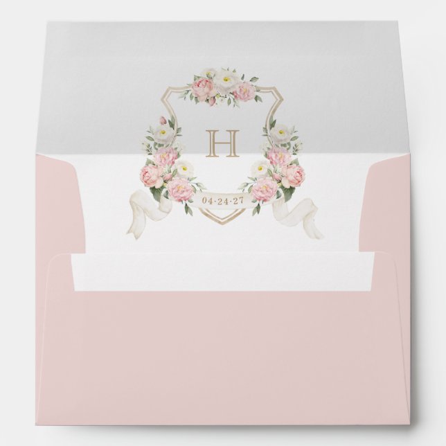 Floral Blush Rose Greenery Crest Monogram Envelope (Back (Bottom))
