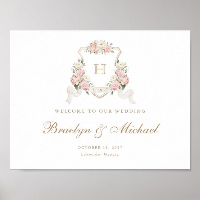 Floral Blush Roses Crest Monogram Welcome Sign (Front)