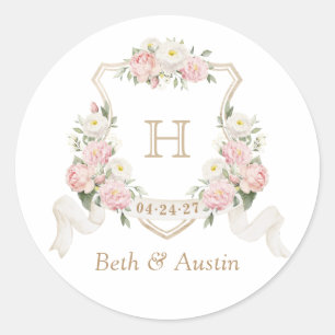 Floral Blush Roses Monogram Crest Envelope Classic Round Sticker
