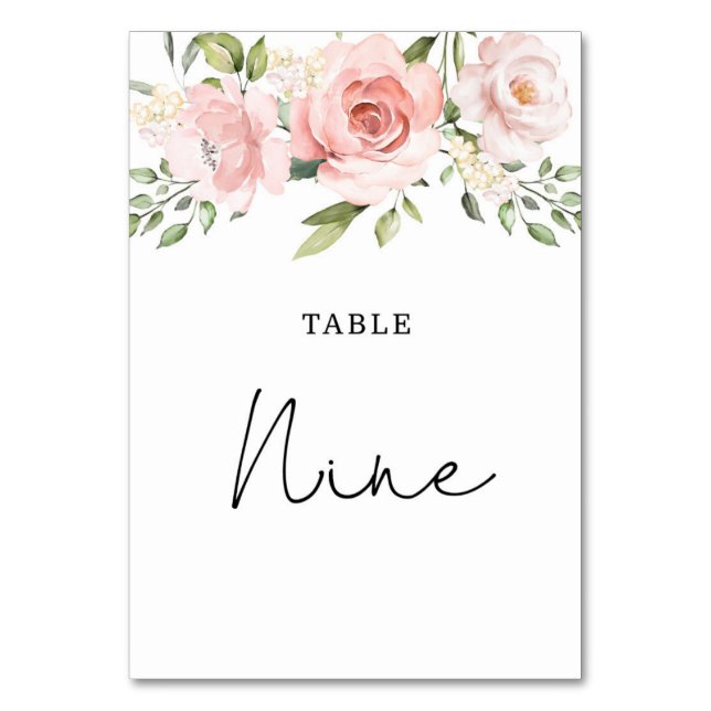 Floral blush roses wedding table number (Front)