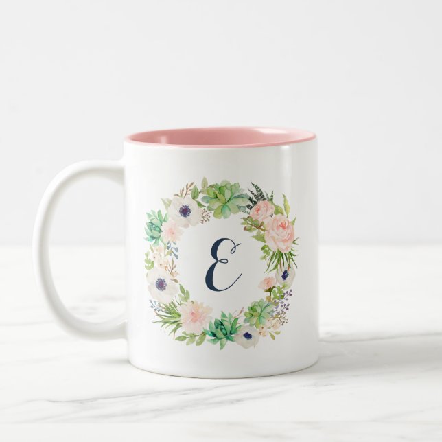 Floral Blush Succulents Cactus Wreath Monogram Two-Tone Coffee Mug (Left)