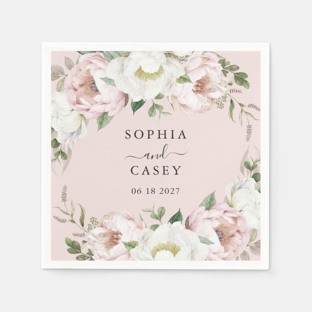 Floral Blush White Greenery Personalized Wedding Napkin (Front)