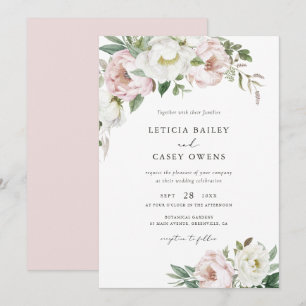 Floral Blush White Peonies Leaf Elegant Wedding Invitation