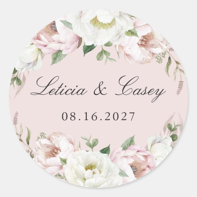 Floral Blush White Peony Dusty Blue Wedding Classic Round Sticker (Front)