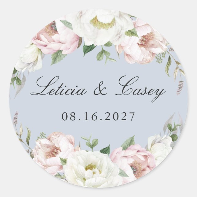 Floral Blush White Peony Dusty Blue Wedding Classic Round Sticker (Front)