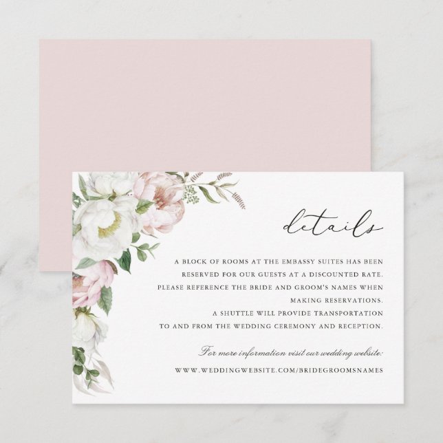 Floral Blush White Peony Greenery Details Insert Invitation (Front/Back)