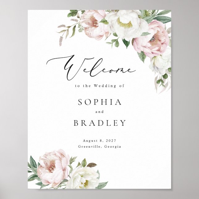 Floral Blush White Peony Leaf Mariage Affiche de b (Devant)