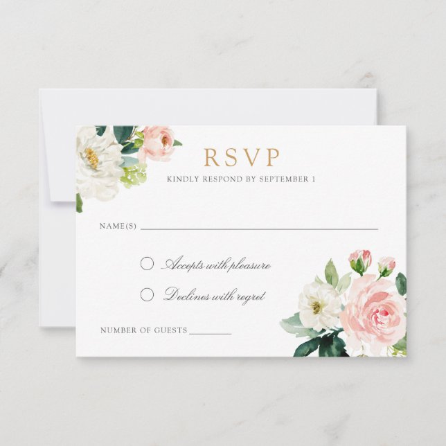Floral Blush White Romantic Respond RSVP Card (Front)