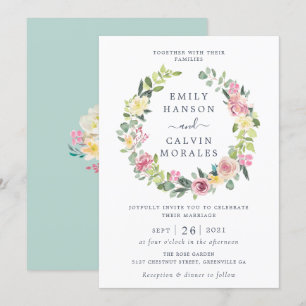 Floral Blush Yellow Greenery Leaf Elegant Wreath Invitation