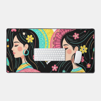 Floral Bohemian Women Illustration Art Print  Desk Mat