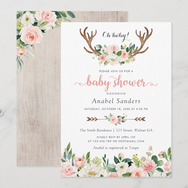 Floral Boho Antler Blush Chic Arrows Baby Shower Invitation (Front/Back)