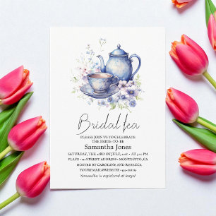 Floral Boho Blue Tea Pot Party Bridal Shower  Invitation