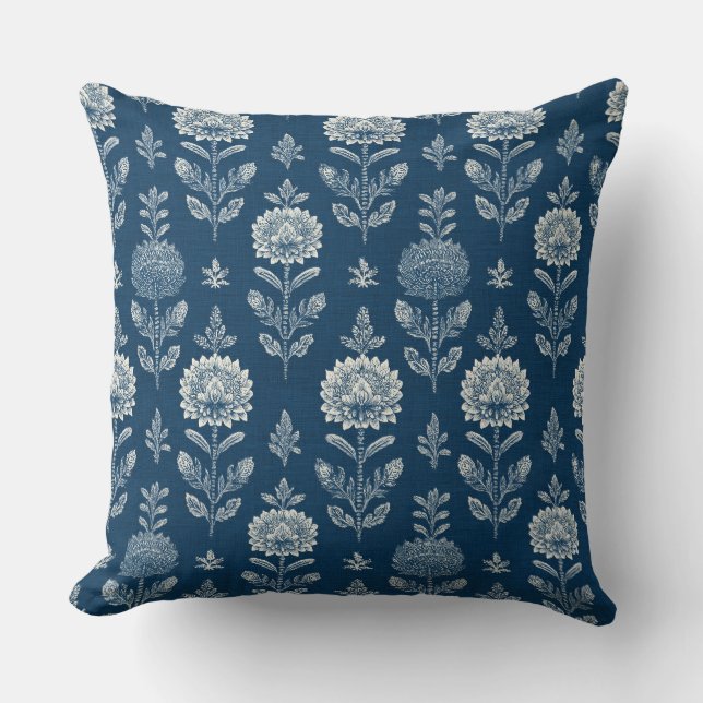 Floral Boho Blue Throw Pillow (Front)