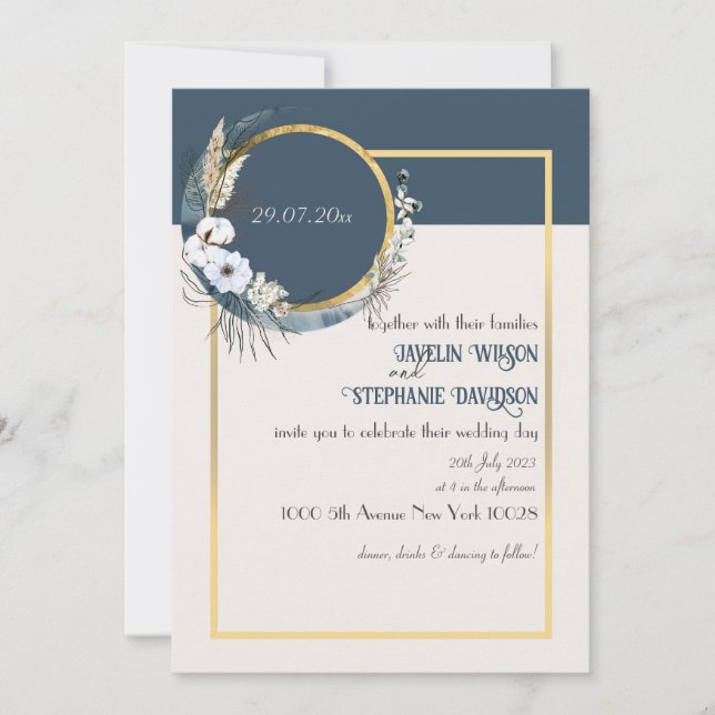 Floral  Boho Blue Wedding Invitation (Front)