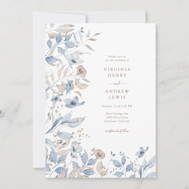 Floral Boho Blue Wedding Invitation (Front)