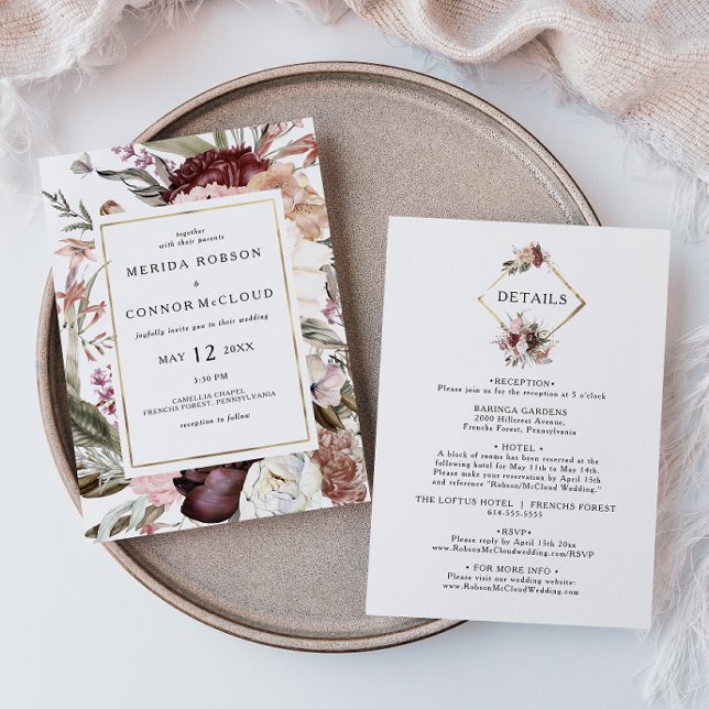 Floral Boho Bourgogne tout en un Faire-part de mar (Créateur téléchargé)