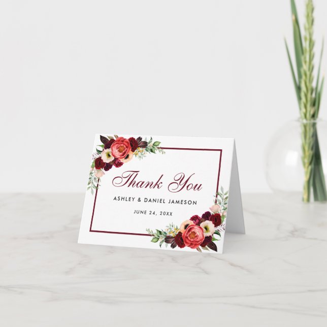 Floral Boho Burgundy Wedding Thanks Note Card (Front)