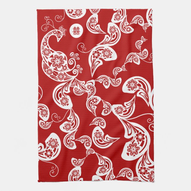Floral Boho Chic Peacock Elegant Red Asian Wedding Kitchen Towel (Vertical)