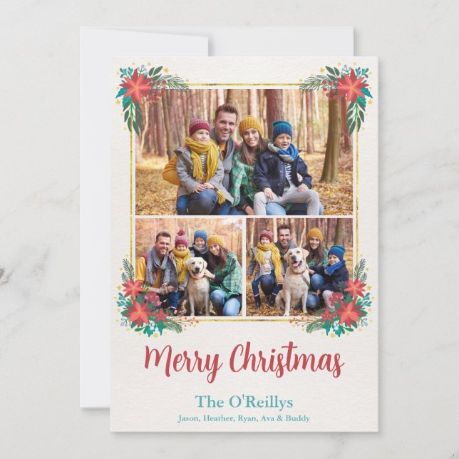 Floral Boho Christmas Photo Card, Gold Frame Holiday Card (Front)
