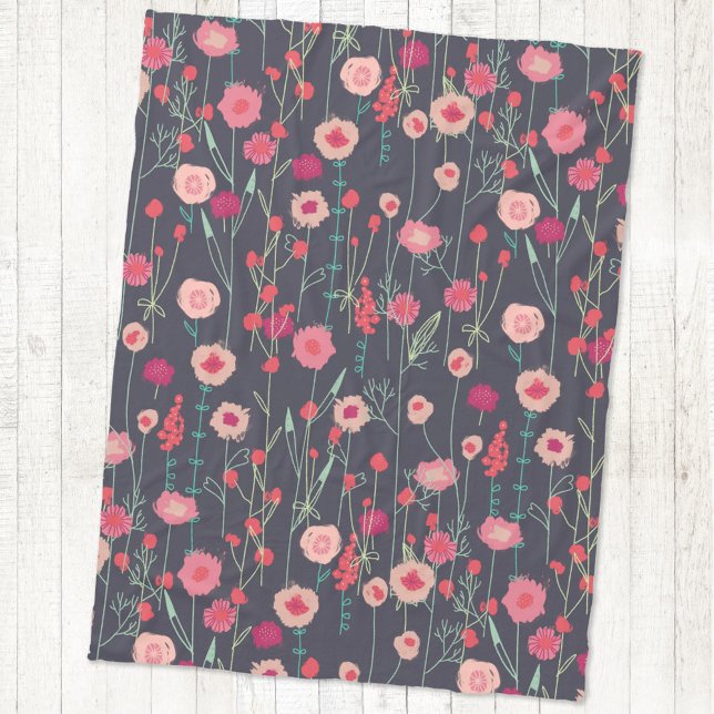 Floral Boho Dark Fleece Blanket (Pink and dark floral art fleece blanket)