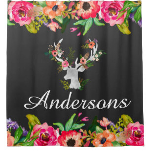 Floral Boho Deer Bath Shower Curtain Personalized
