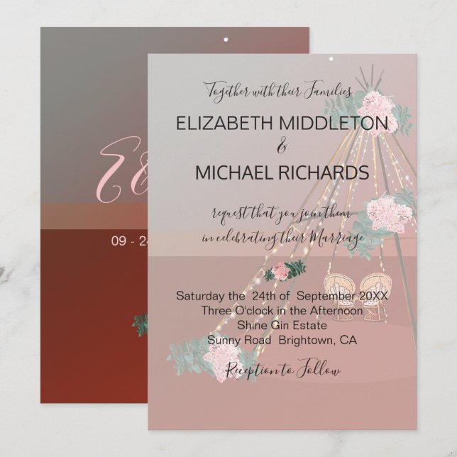 Floral Boho Desert Rustic  Teepee / Tipi Wedding Invitation (Front/Back)