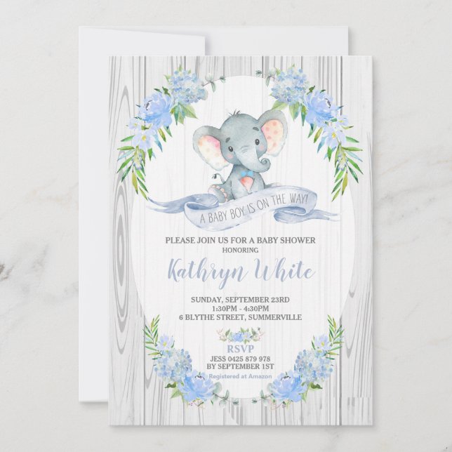Floral Boho Elephant Baby shower Invitation Garçon (Devant)