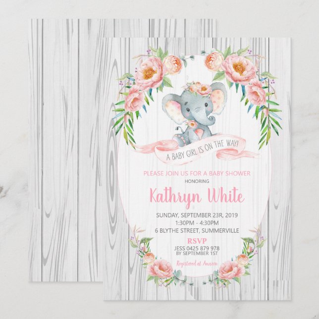 Floral Boho Elephant Baby Shower Invitation Girl (Front/Back)