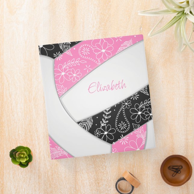 floral boho feathers paisley pink black volleyball binder (In Situ)