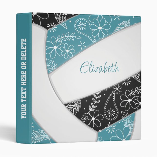 floral boho feathers paisley teal black volleyball binder (Front/Spine)