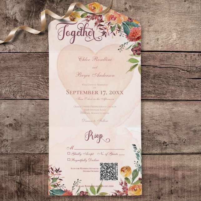 Floral Boho Heart Peach Jewel QR Code All In One Invitation (Floral Boho Heart Peach Jewel All In One Wedding Invitation with QR Code)