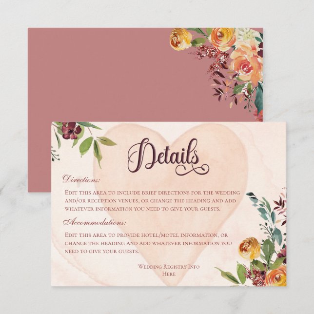 Floral Boho Heart Peach Wedding Details Enclosure Card (Front/Back)