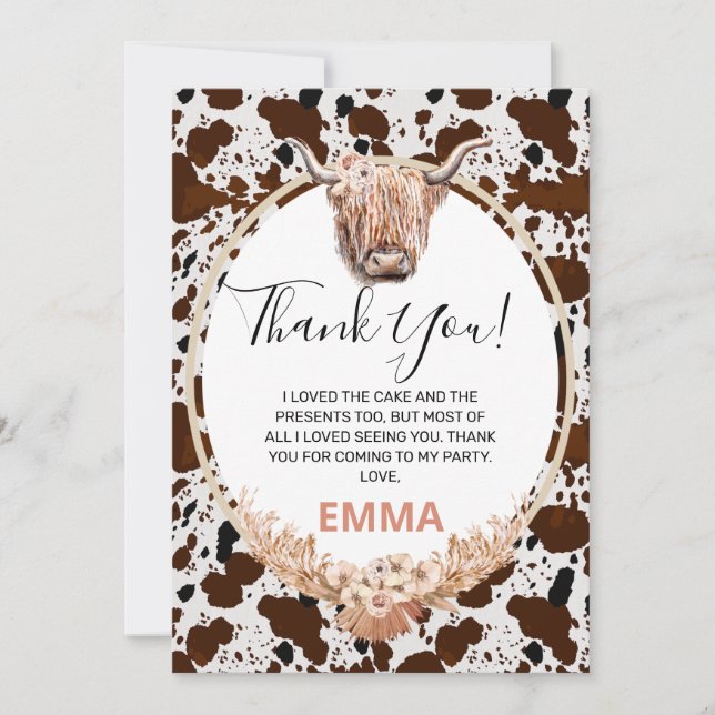 Floral Boho Highland Cow Birthday Thank You Card (Front)