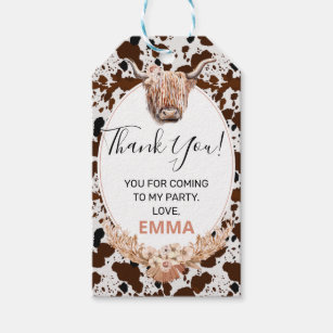 Floral Boho Highland Cow Birthday Thank You Gift Tags