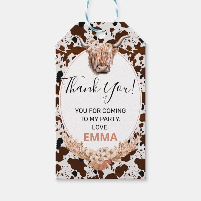 Floral Boho Highland Cow Birthday Thank You Gift Tags (Front)