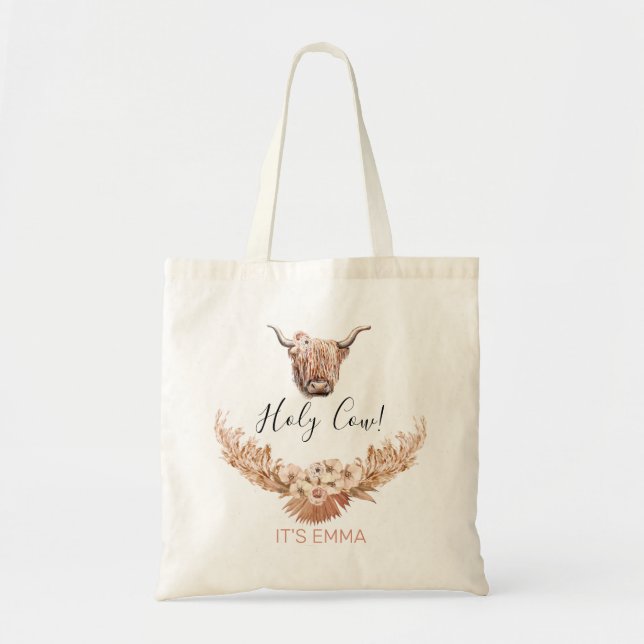 Floral Boho Highland Cow Sac fourre-tout personnal (Devant)