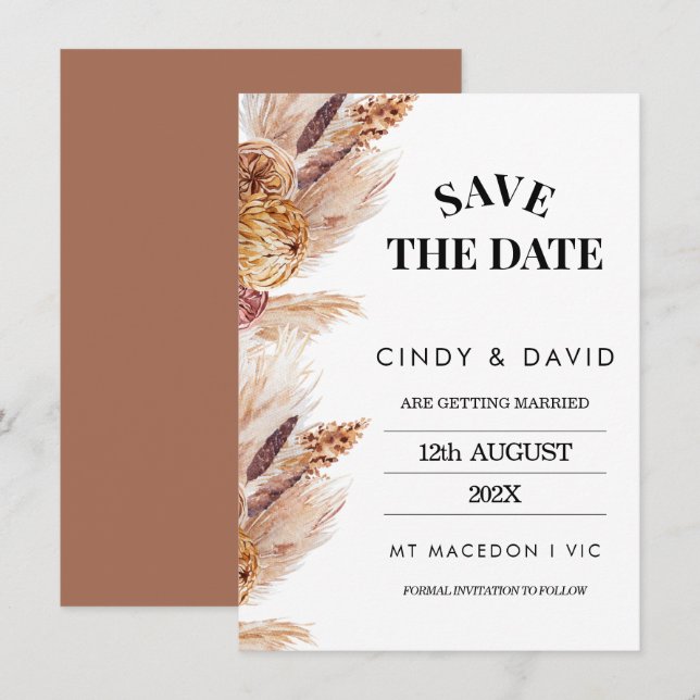 Floral Boho Pampas Grass Wedding Save The Date Inv Invitation (Front/Back)