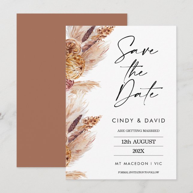 Floral Boho Pampas Wedding Save The Date Card (Front/Back)