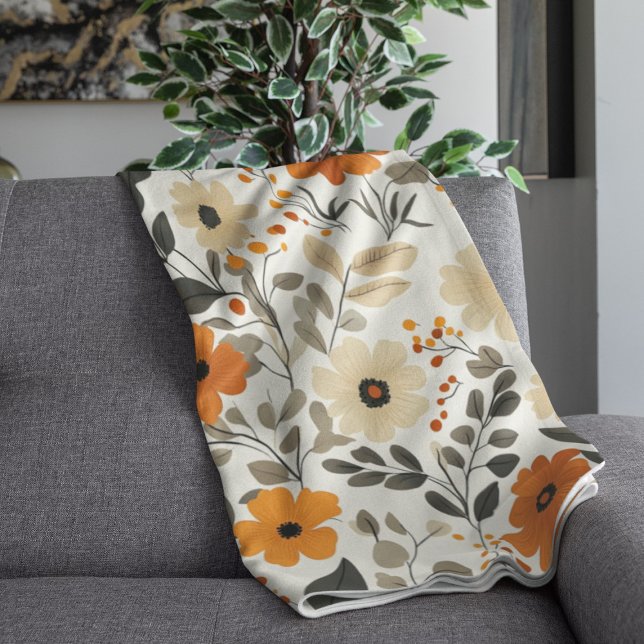 Floral Boho Pattern Warm Tones Fleece Blanket (Creator Uploaded)