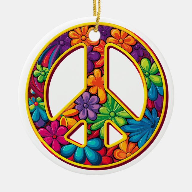 Floral Boho Peace Sign Colourful  Ceramic Ornament (Front)