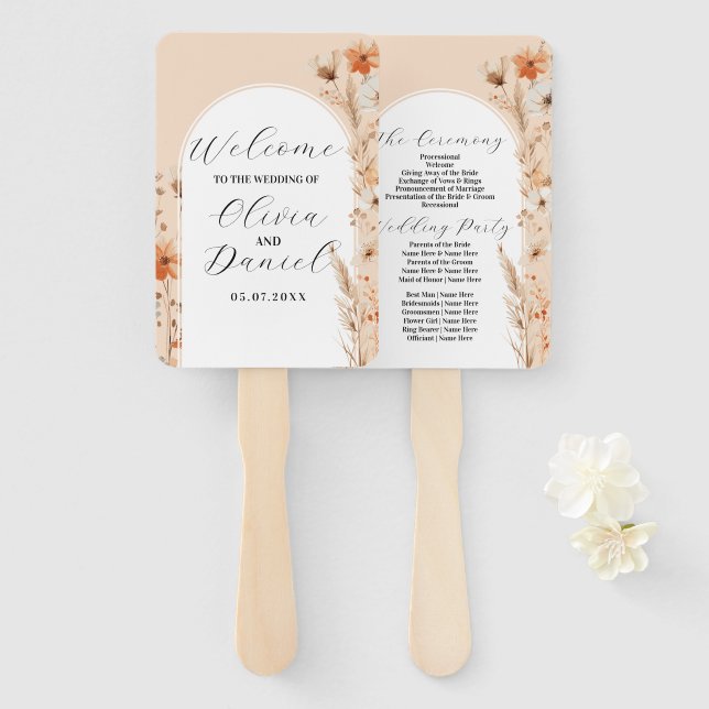 Floral Boho Peach Bohemian Programme Hand Fan (Front and Back)